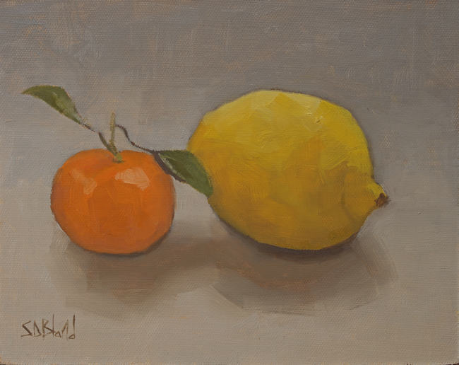 An oil painting of a mandarin and a lemon sitting side-by-side.