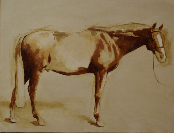 The early stages of painting a conformation portrait of a chestnut horse