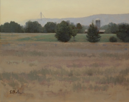 A completed landscape painting featuring a grain elevator, silo and the blue ridge mountains. The sky is yellow and there is a plowed field in the foreground.