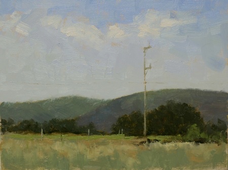 This plein air painting features a solitary telephone pole with the Blue Ridge Mountains in the background.