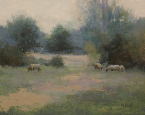 Painting of a landscape with sheep in the foreground
