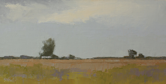An oil painting of open fields by artist Simon Bland