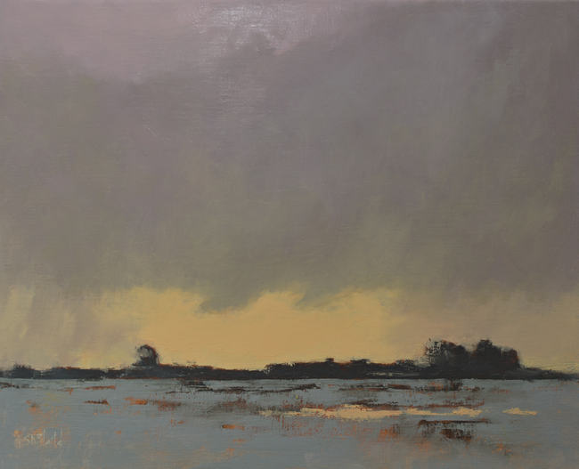 Oil painting of dark trees against a winter sky