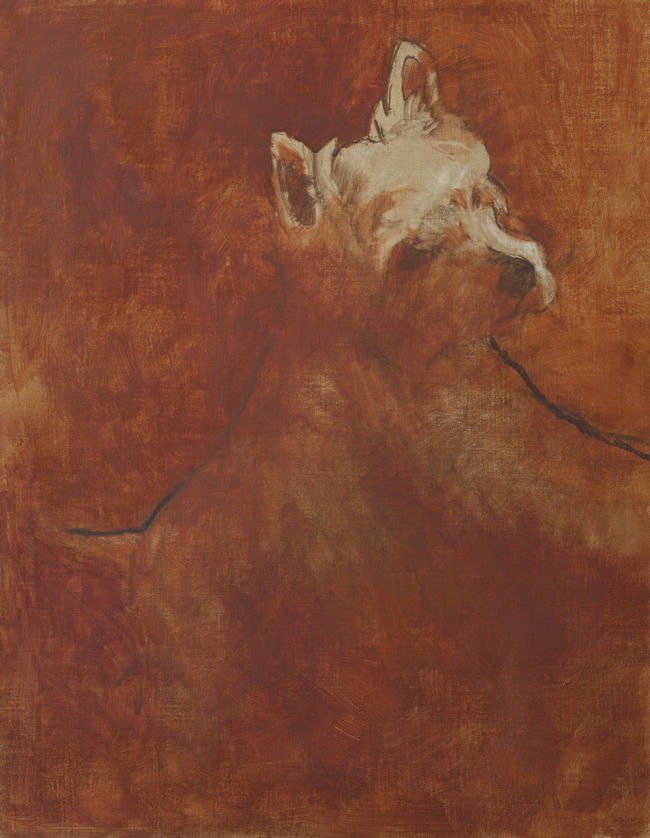 The block on of an oil portrait of a white dog is done in earth red paint..