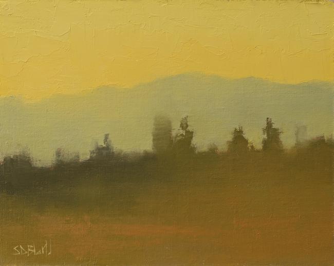 A tonal impressionist oil painting showing a few trees silhouetted against a yellow sky.