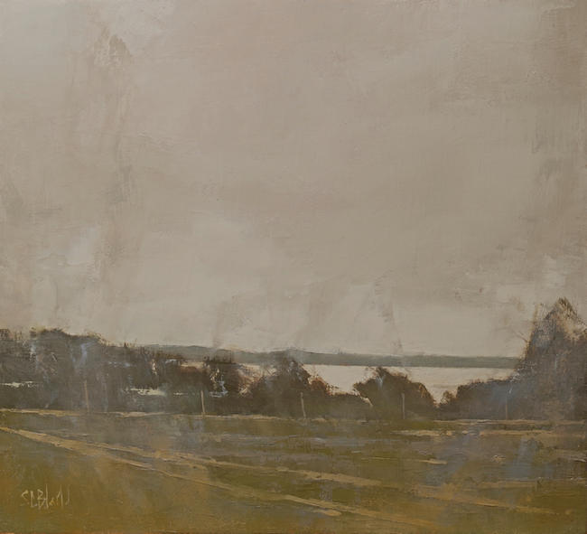 A tonal painting of atmospherics over a clifftop scene, dominated by a gray sky