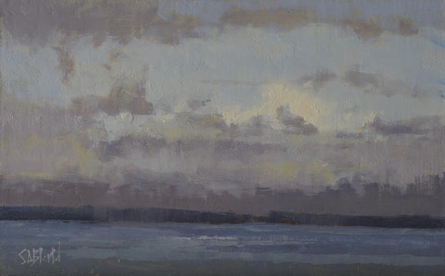 A sketch in oil paint of broken, scudding clouds over Puget Sound