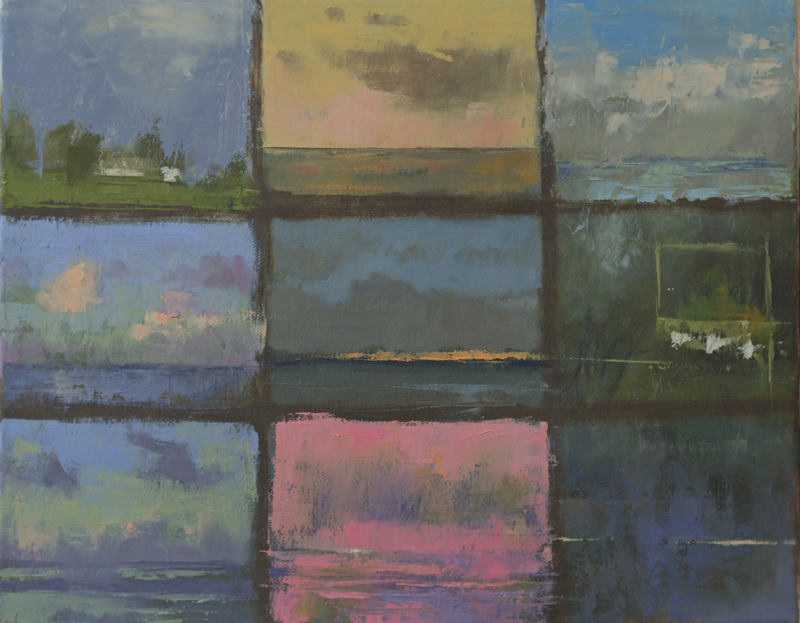 Multiple colorful oil sketches arranged in a grid pattern on a large canvas