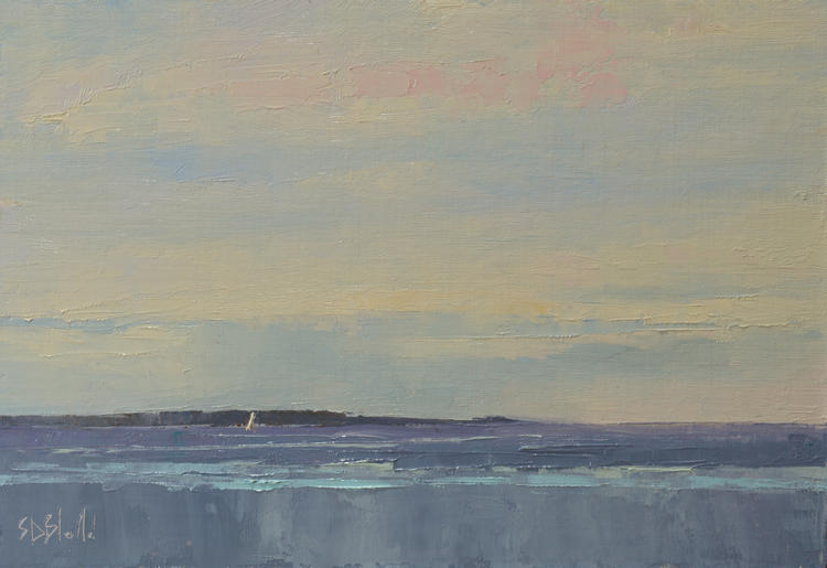 A plein air oil painting with small yacht on the sea and a dark mass in the background