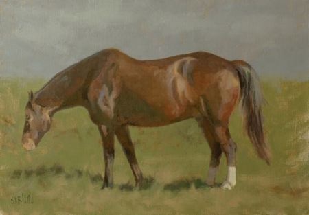 Oil paintingof a horse grazing