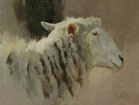 Oil painting of a sheep in profile