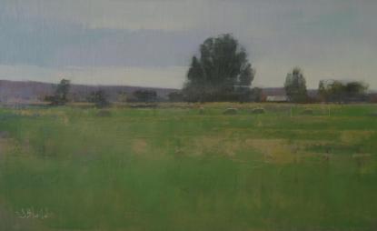 An oil painting of a green field with distant trees and sheep in profile by artist SImon Bland