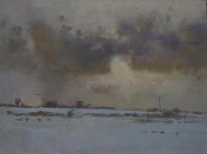 An oil painting by Simon Bland of dark clouds over a snowy, undulating landscape. A faint yellow light shines from behind the clouds.