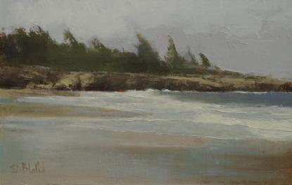 An oil painting by Simon Bland of the beach at Honohahua Bay, Maui. The foreground shows surf rolling right to left against a backdrop of rocky cliffs and trees bent by the wind.