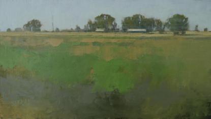 An oil painting of abstract green fields with trees and white buildings in the distance.