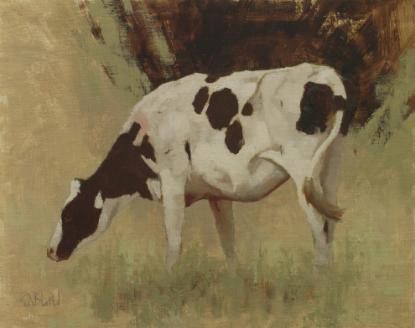 An oil painting of a Holstein cow grazing. The painting is done in an analogous color scheme with an abstract dark vignette as th e background.