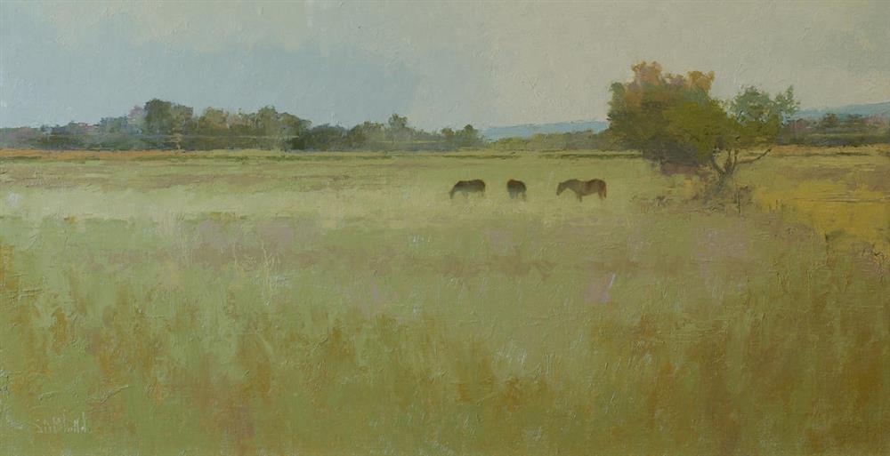 A painting of three horses on a Virginia farm by artist Simon Bland